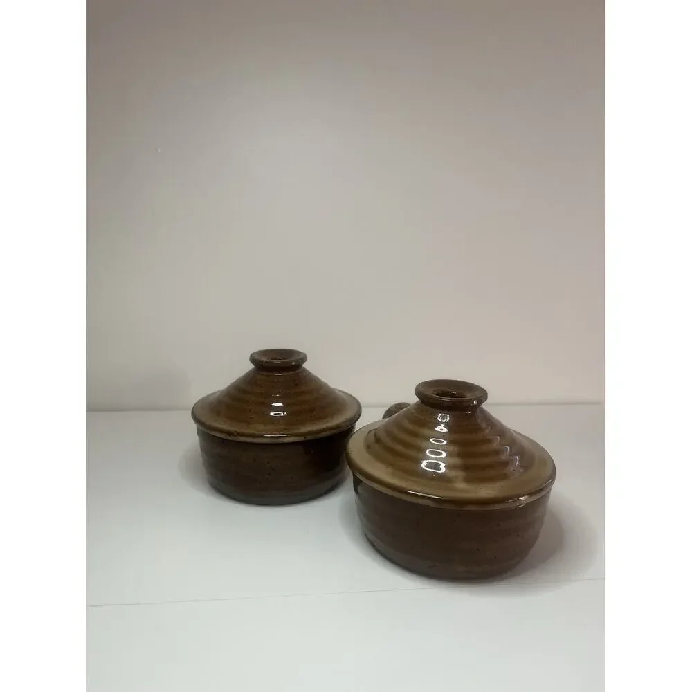 Set Of Vintage Mini Ceramic Crockpot w/ Lid Speckled Stoneware Handled Soup Bowl